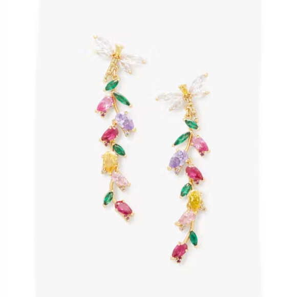 Kate Spade Greenhouse Floral Linear Earrings ~Rhinestone Dragonfly Flower Studs - Picture 6 of 7
